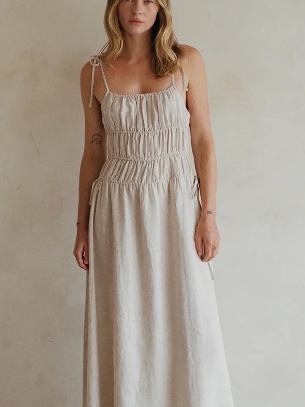 Smocked Tie-Strap Maxi Dress in Natural Cream